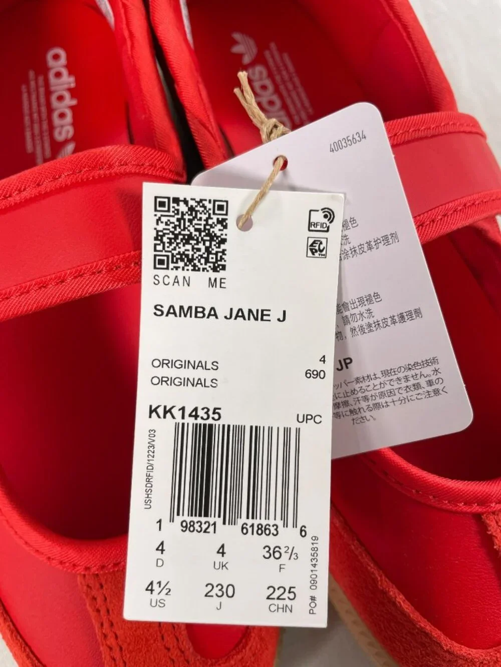 Adidas Samba Jane J Red Shoes Velcro Strap Casual Style KK1435 Kids Size 4.5 NEW